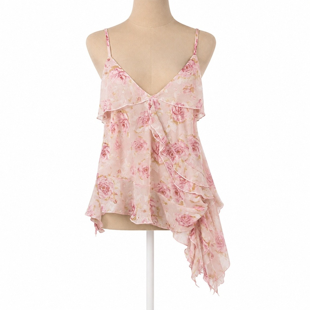 Y2K Asymmetrical Floral Babydoll Tank Size M Pink Dreamy Coquette Fairy Ethereal